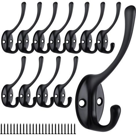 12 Pièces Patère Murale, Rétro Crochet Porte Manteau Métal, Vintage Noir Crochets Mural Muraux Double Manteaux Patères Coat Hooks avec Vis (1/5)