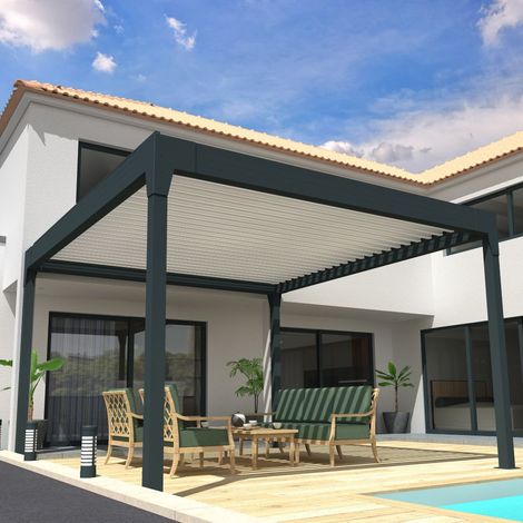 Pergola Bioclimatique COCOON XL îlot Mixte Gris anthracite / Blanc 4,50x4,100m (Vérin à télécommande + Kit LED 3 cotés) (1/5)