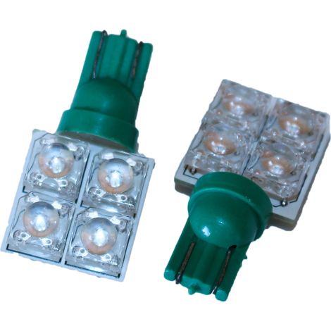 Coppia 2 Lampade Led T10 Con 4 Led F5 Flux Laterale Colore Verde Green 12V 0,2W