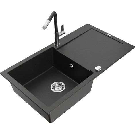 Mexen Leo lavello da cucina in granito a 1 vasca con scolapiatti e rubinetto Flora, nero/oro metallizzato - 6501-75-670401-07 (1/5)