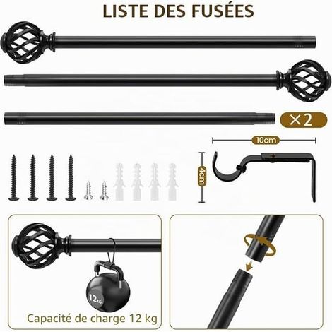 Adjustable Curtain Rod 70-155 cm Diameter 16 mm with Finials and Brackets for Living Room, Bedroom or Kitchen - Black (1/3)
