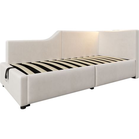 Cama 90x190 cm en terciopelo beige con almacenaje hidráulico, lámpara de lectura y USB-C (1/5)