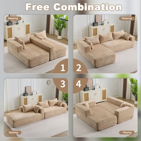 Canapé d'angle convertible avec méridienne confortable, sofa en L sans accoudoirs, assise profonde, module minimaliste réversible, velours côtelé beige, pour salon, chambre ou appartement, 1 pièce. (1/5)