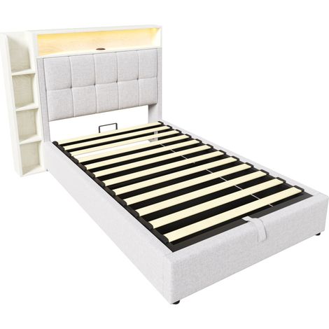 Cama canapé tapizada 90 x 200 cm de lino y MDF beige con USB, USB-C, LED y almacenaje (1/5)
