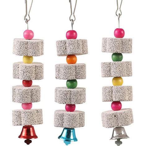 Juego de 3 juguetes masticables para pájaros: piedra mineral con pico, piedra de calcio con cascabeles, para periquitos, loros y agapornis. (1/4)