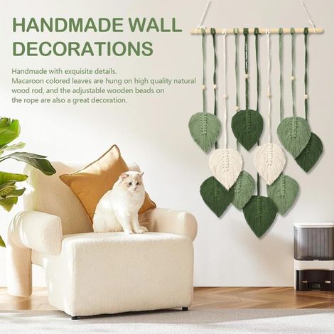 Décoration Murale, 2PCS Tapisserie Faite Main Décoration Bohème Tenture Murale TisséE Décoration Murale Feuille Plumes Avec Perles En Bois Et 10 Feuilles Vertes Tapisserie Pour Salon Chambre,(Vert) (1/4)