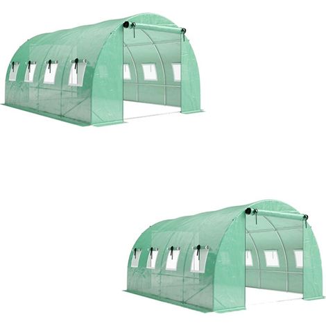 2er-Set gewächshaus ca. 4 x 3 x 2 m Foliengewächshaus mit Rollbar 2 Reißverschlusstür & 8 Netzfenster Stützstangen Grün