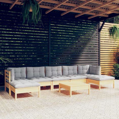 vidaXL Salon de jardin 8 pcs avec coussins gris Bois de pin (1/5)
