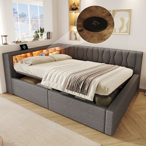 Lit banquette coffre 140x200 cm, LED multicolore, Rangement hydraulique, niches ouvertes, port USB, tête réversible, Lin Gris (1/5)