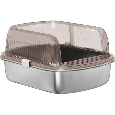 Litière pour Chat Fermée avec Bac Acier Inoxydable, Pelle, Zone Anti-Projection Gris