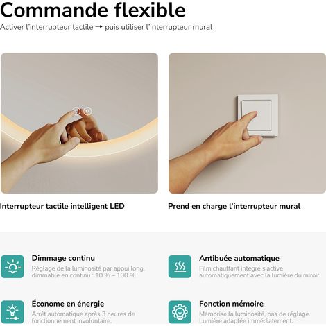EMKE Miroir salle de bain rond avec éclairage avec Interrupteur tactile, Anti-buée, 3 Couleurs de lumière, Dimmable, Fonction mémoire, 80cm diamètre