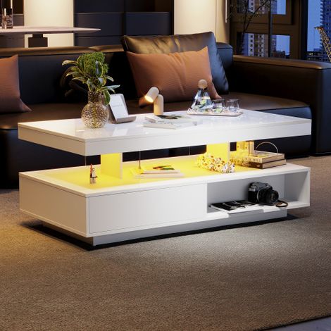 Mesa de centro blanca alto brillo, mesa de salón con tapas de cristal, cajones y compartimentos abiertos, 95x50x42,5 cm (1/5)
