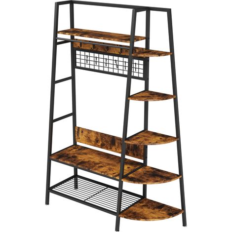 Portemanteau autoportant style industriel avec étagères en bois marron pour entrée, chambre et bureau (1/5)