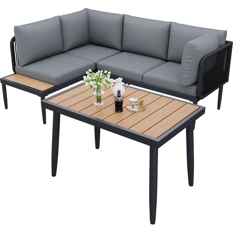 Conjunto de Jardín de 4 Plazas en Olefinas con Mesa, 2 Sofás con Reposabrazos de Cuerda Trenzada y Cojines, Gris (1/5)