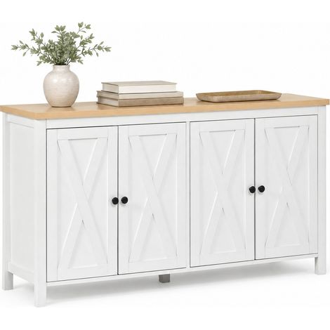 Buffet blanc 4 portes avec poignées noires rondes, 2 étagères réglables, meuble de rangement MDF pour salon, salle à manger ou entrée - CHICFURN (1/5)