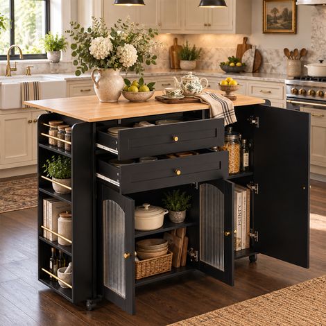 Îlot de cuisine mobile de 110 cm avec plan de travail rabattable, desserte sur roulettes avec 2 tiroirs, portes vitrées, étagère latérale et grand espace de rangement, noir et naturel (1/5)