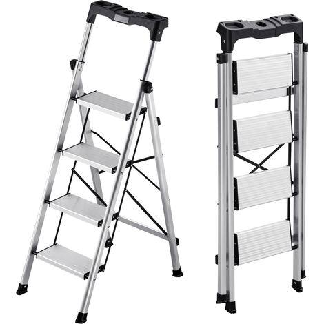 Mophorn Trittleiter mit 4 Stufen, Klappdesign, rutschfeste Stufen und ergonomischer Handgriff, belastbar bis 150 kg, Aluminiumleiter für Küche, Haushalt, Lager und Büro, Silber