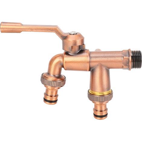 Doppelhahn-Wasserhahn, 3/4-Zoll-Zulauf, 25-mm-Auslässe, 2-Wege-Gartenschlauchverteiler aus Messing (1/5)