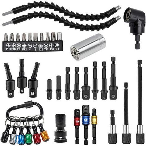 Kit de 38 rallonges flexibles pour forets, rallonge pour perceuse à angle droit 105°, adaptateur pour douille hexagonale, porte-embouts et kit de tournevis. (1/5)