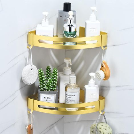 Étagère de douche, panier de rangement en métal antirouille avec 4 crochets, étagère murale adhésive (doré, 2 niveaux) (1/5)