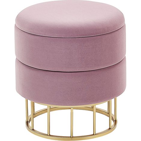Puf con almacenaje tapizado en terciopelo de poliéster rosa base dorada accesorios de diseño Elgin