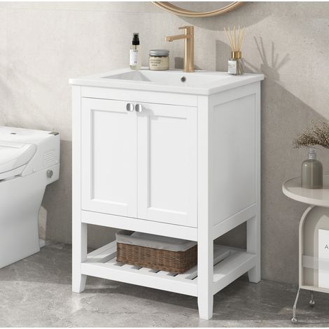 Mueble de lavabo 61x46x90 cm de madera y MDF blanco con almacenaje FLORAGRACE (1/5)