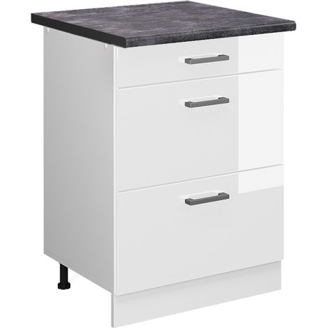 Küchenunterschrank R-Line, Weiß Hochglanz, 60 cm mit Schubladen, AP Anthrazit, Vicco