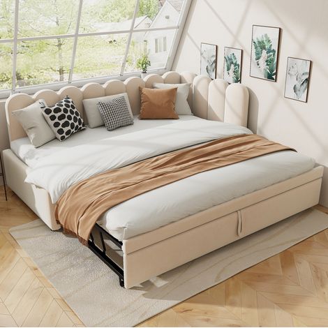 Letto con letto aggiuntivo 90/180x200 cm con testiera imbottita, rete a doghe, in velluto, senza materasso, beige (1/5)