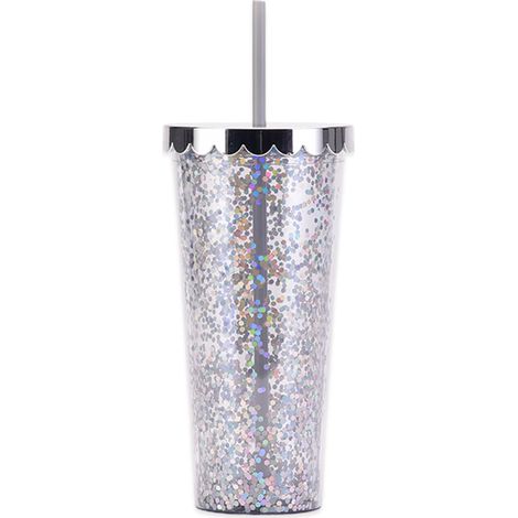 Gobelet En Plastique Double Paroi - 700 ml - Avec Paille Réutilisable - Transparent À Paillettes - Pour Eau - 1 Pièce (1/5)