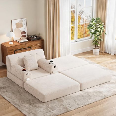 Fauteuil relax beige avec pouf en velours côtelé et rangements (1/5)