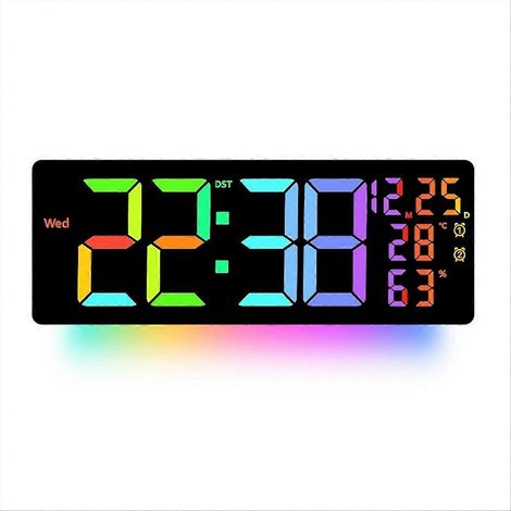 Großformatige digitale RGB-Wanduhr, 8 Farben, Umgebungsbeleuchtung, Temperatur, Luftfeuchtigkeit, Datum, 2 Alarme, Countdown-Timer. (1/5)