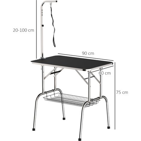Table de toilettage pliable en acier inoxydable noir, hauteur réglable, pour coupe et tonte des chiens, pratique et robuste pour soins vétérinaires et domestiques. (1/5)