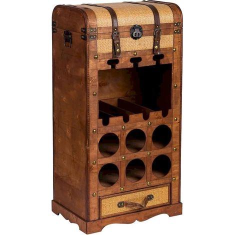 Coffre à bouteilles en bois artisanal marron avec tiroir et étagères - marron bois vieilli artisanal (1/5)