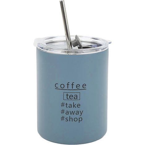 Tasse à café isotherme portable en acier inoxydable 320 ml (12 oz) avec couvercle, gris paille et bleu. (1/5)