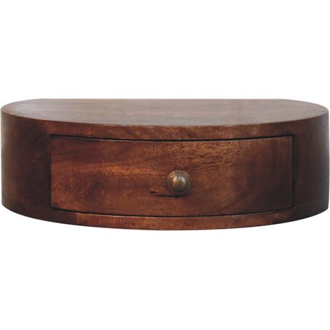 Table de chevet murale arrondie en bois massif miel caramel, 1 tiroir, marron foncé – chevet design scandinave pour chambre (1/4)