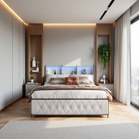 Letto Matrimoniale 160x200 - Velluto Beige - Cassetti per Riporre - LED Integrata - Caricatori USB