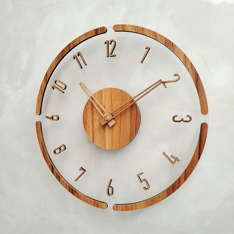 Horloge murale en bois Ø30 cm, horloge moderne et silencieuse pour salon, cuisine et bureau, décoration murale en bois naturel avec cadran transparent (1/5)