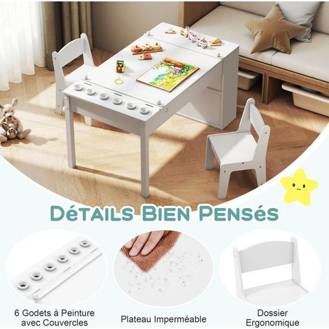 Pour Enfants : Ensemble Table d'Activité et 2 Chaises pour Salle de Jeux, Chevalet Inclinable 2 en 1 avec 6 Bacs et Rouleau Blanc (1/5)