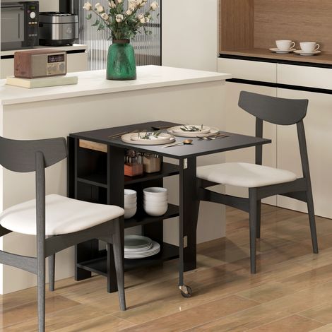 Tavolo da cucina pieghevole con alette ribaltabili, 2 ruote e ripiani, stile moderno, 120x60x75 cm, nero