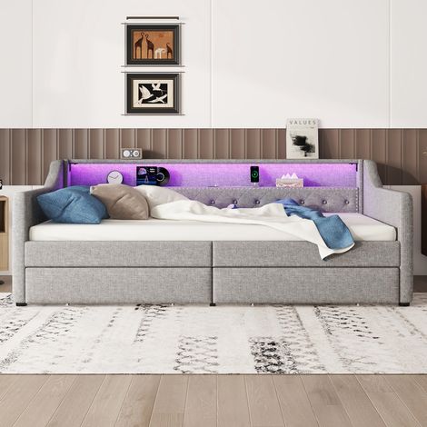 Lit de jour, 90 x 200 cm, canapé-lit, lit de jour avec sommier à lattes (sans matelas), éclairage d’ambiance avec télécommande, lit avec deux tiroirs, port USB, lin, gris