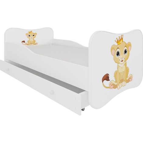 Lit enfant bois blanc à tiroirs avec imprimé petit roi lion 70x140 ou 80x160 - Sommier et matelas inclus - Ondula-80x160 (1/5)