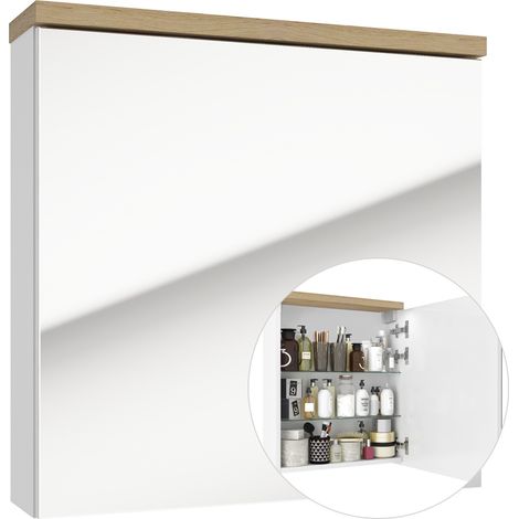 Spiegelschrank 60 cm SOFIA-107 in weiß, Hochglanz lackiert mit Absetzungen in Trüffel Buche Nb., B/H/T: ca. 60/60/15 cm (1/5)