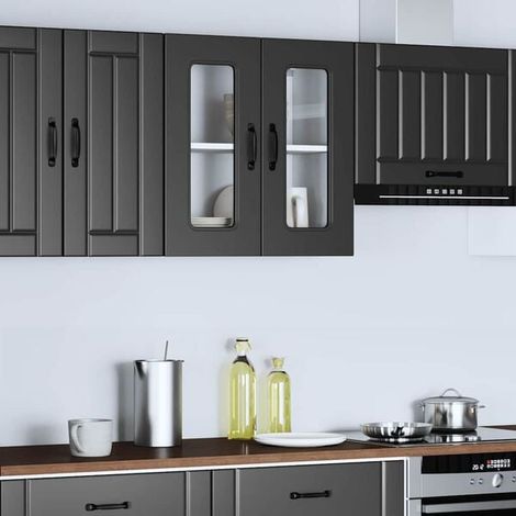 Armoire de Cuisine Murale avec Porte en Verre, Meuble de Rangement Noir Style Calmar, Étagère de Stockage pour Vaisselle et Décoration (1/5)