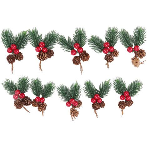 QORVA- Pics de noël, 10 pièces, pomme de pin, baies rouges, aiguille, décorations artificielles délicates
