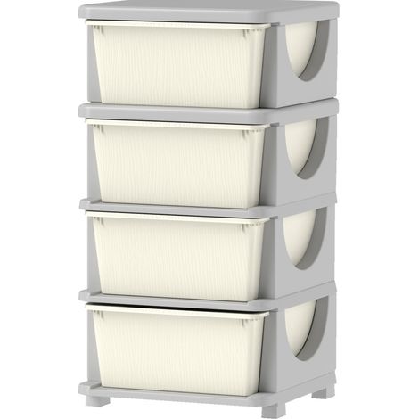 Boîte de rangement pour enfants avec 4 grands tiroirs en plastique, 37x37x76 cm, couleur crème (1/5)