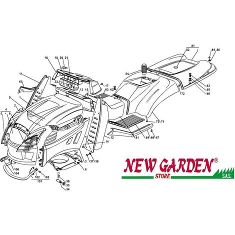 Esploso carrozzeria 102cm  XT150 trattorino rasaerba CASTELGARDEN 2002-13ricambi 81 COPERTURA SACCO ROSSO