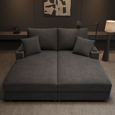 Canapé 2 places 163 x 140 x 82 cm, fonction relax convertible, velours côtelé , USB/USB‑C, porte‑gobelets et support téléphone - gris (1/5)