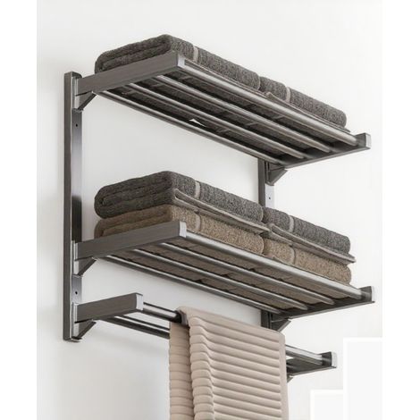 1 Porte-serviettes De Salle De Bain, Porte-serviettes Murales, Porte-serviettes Gris À Trois Étages, Non Perforées (1/5)