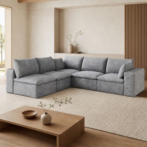 Divano angolare modulare a L in tessuto effetto velluto a coste grigio 260x250 cm (1/5)