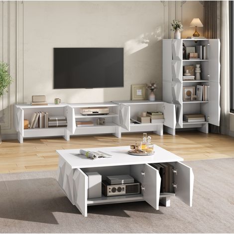 Ensemble de meubles de salon 3 pièces avec meuble TV, buffet, table basse et façades 3D géométriques, rangement fermé et ouvert, blanc, en panneau de particules – CHICFURN (1/5)
